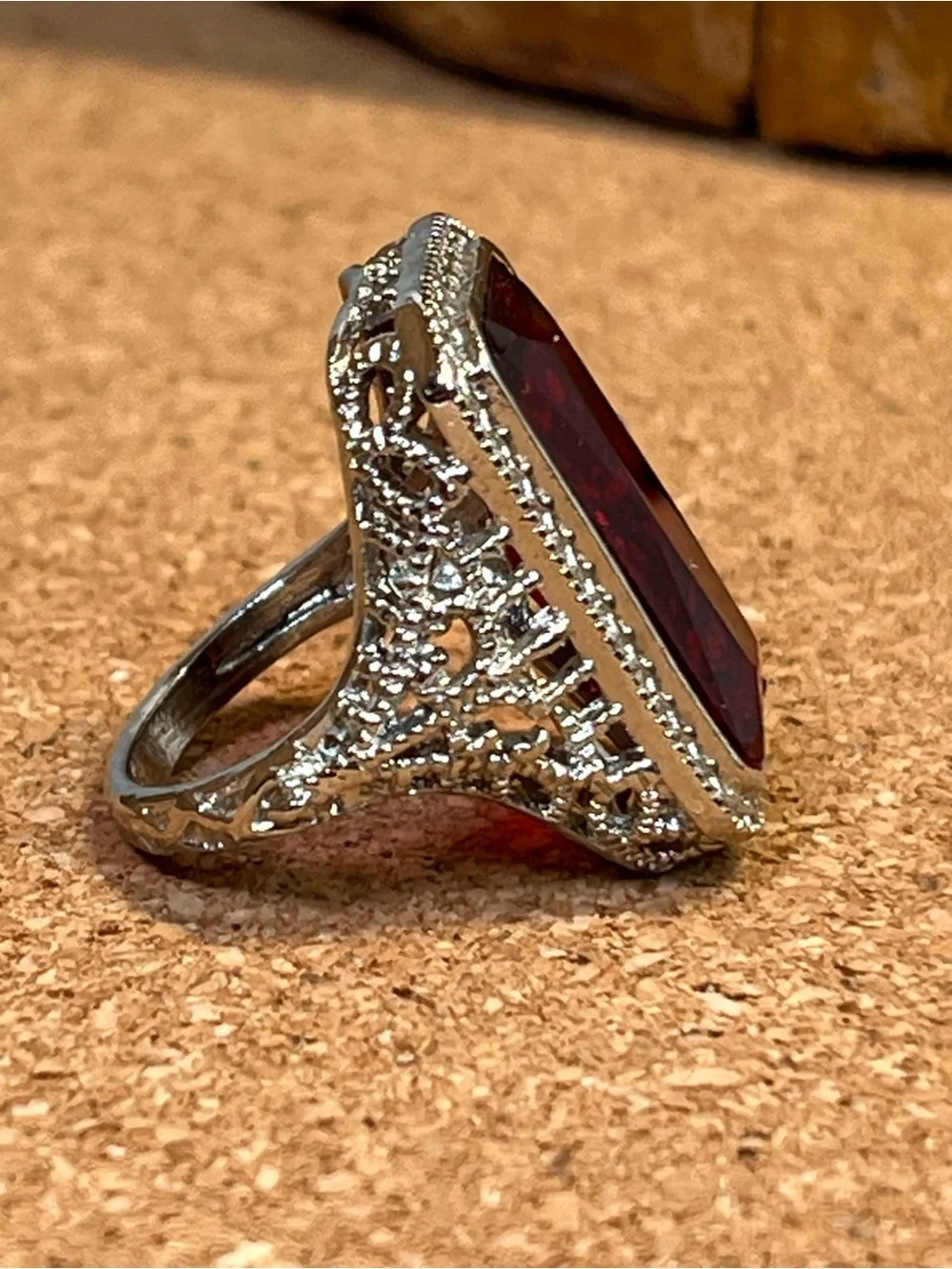 925 Sterling Silver Ruby Red Emerald Cut Cocktail Ring CZ Halo Filigree Size 6